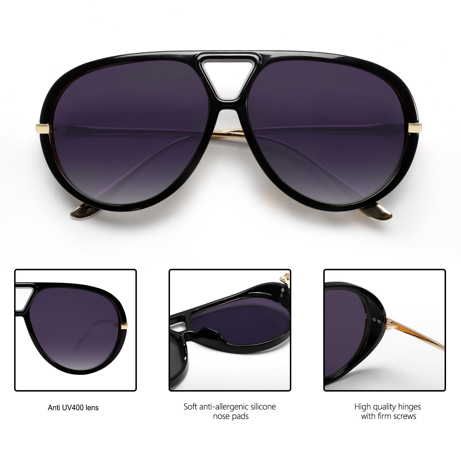 GUVIVI Retro Gold Aviator Sunglasses for Women Men, 2026 Metal Oversized 70s Aviators Black Vacation Beach Sun Glasses - 5