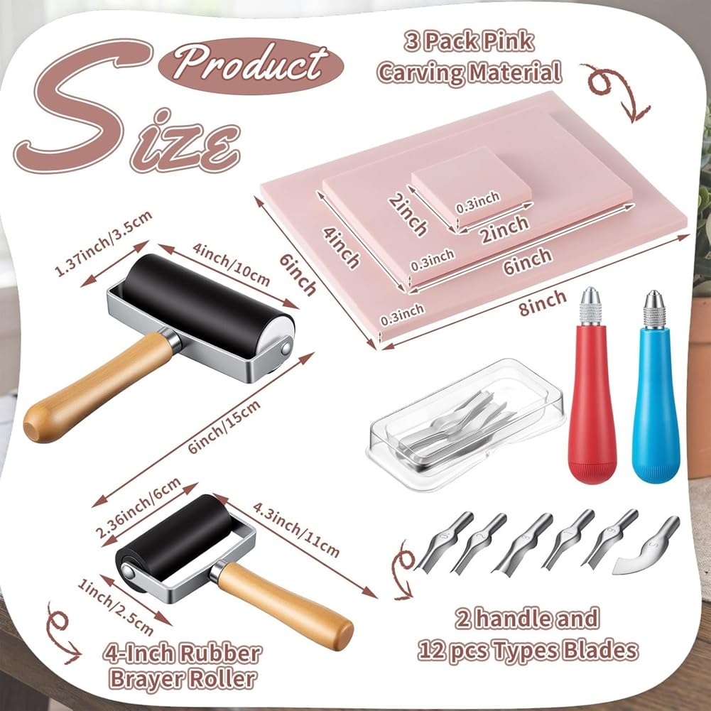 Kit de Linograbado para Impresión 2'' X 2'', 6 Piezas de 4'' X 6'', 2 Bloques de 6'' X 8'', 2 Cuchillos y 2 Rodillos de Bloques de Linóleo para Bricolaje.