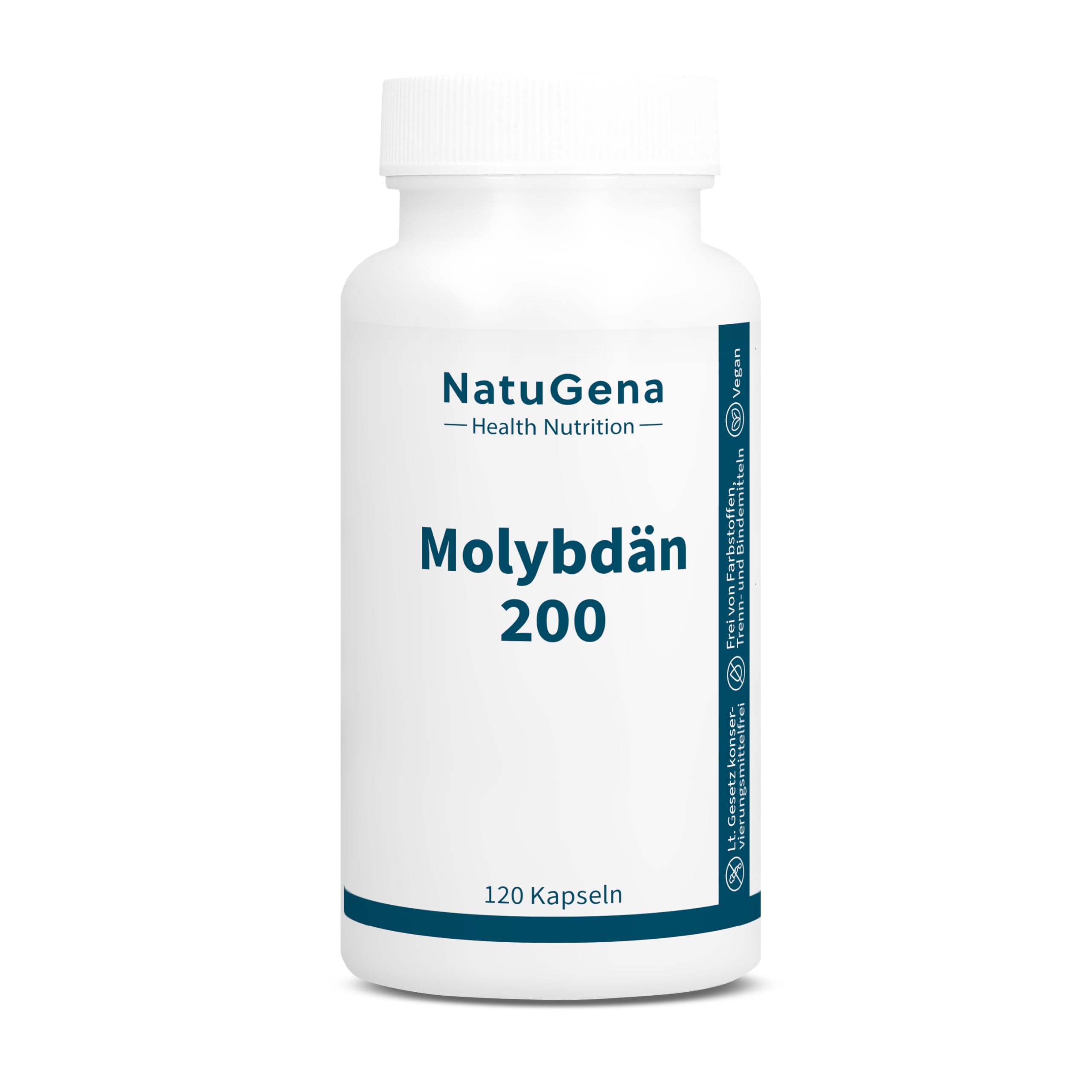 NatuGena Molybdän 200 Natriummolybdat, 200µg Molybdän pro Tagesdosis, Stoffwechsel schwefelhaltiger Aminosäuren, 120 Kapseln (120 Tage Packung)