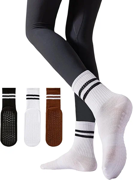 Moon Wood 3 Pairs Pilates Socks with Grips for Women Non Slip Yoga Socks for Barre Ballet Workout Slips Thin Summer Crew Sock