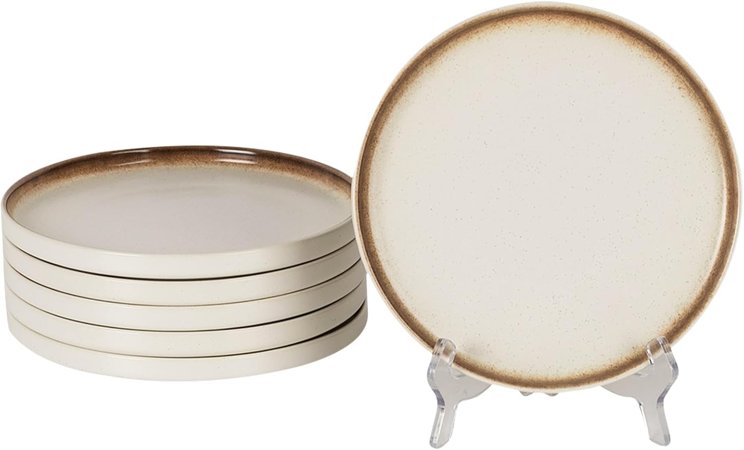 8 Inch Ceramic Dinner Plates - Set of 6, Matte White with Brown Rim, Microwave & Dishwasher Safe