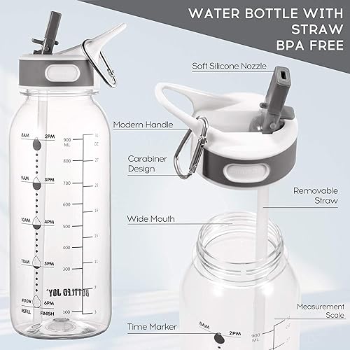 Miniatura 2 de Botella de agua con popote de silicona, botella de agua de Tritan motivacional sin BPA de 32 onzas 1 litro, botella de grado alimenticio con