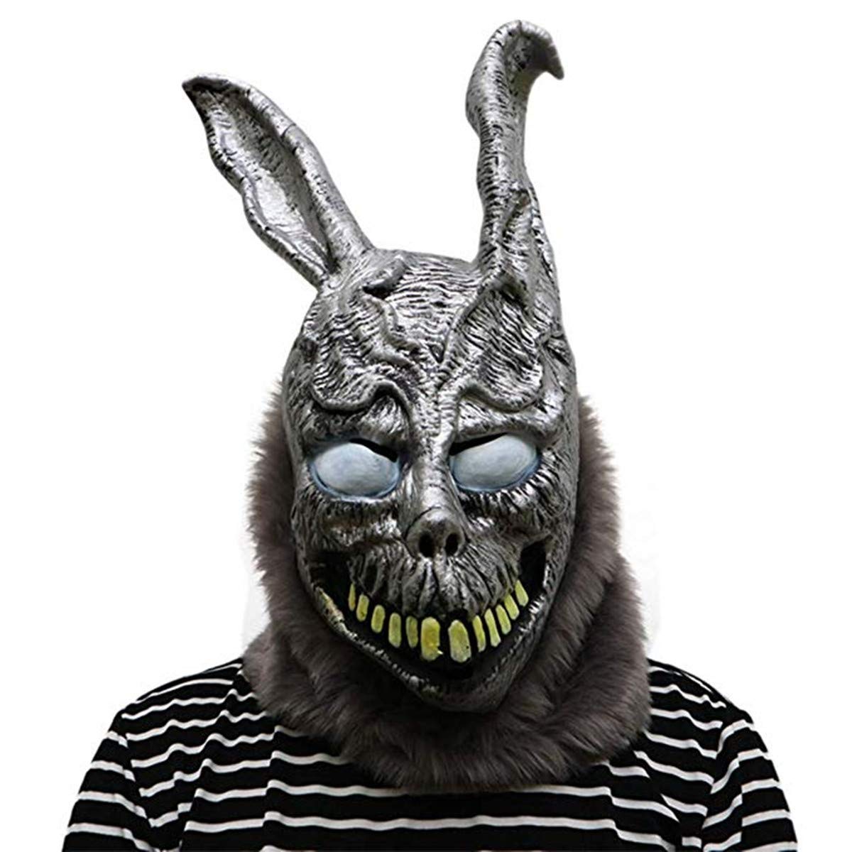 Yearsahrk Maschera di coniglio malvagio fantasma spaventoso coniglio maschere grigio franco coniglio casco con testa piena Halloween cosplay costume festa oggetti di scena