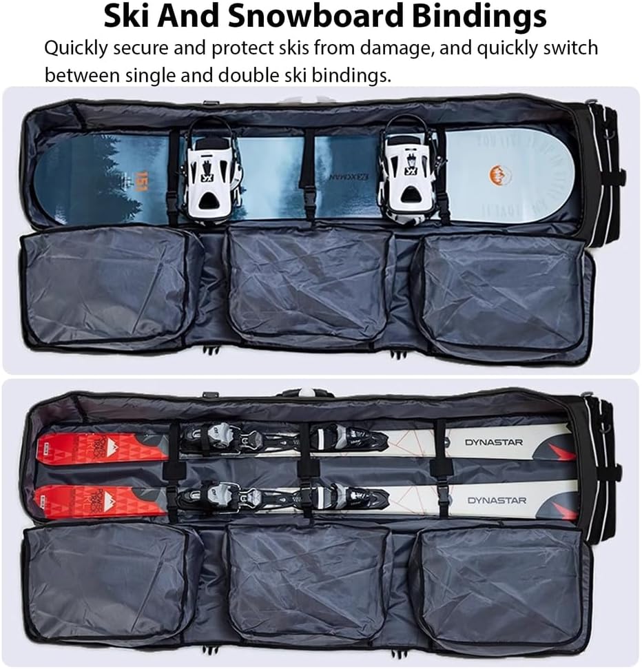 Snowboard Bag with Wheels - Rolling Double Ski Bags for Air Travel, Adjustable Length Up to 190 cm for Boots, Gloves, Skis & Accessories