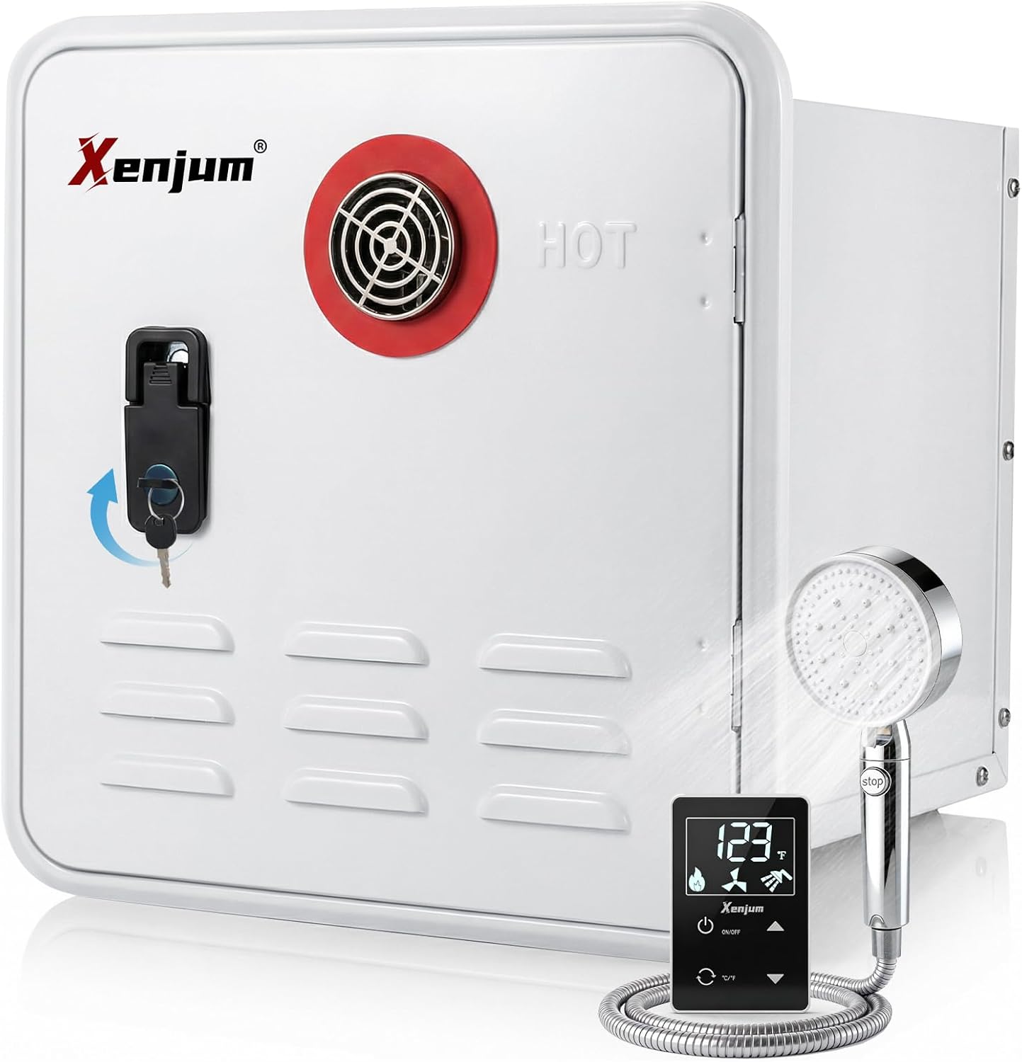 RV Tankless Water Heater, 65000BTU Dual-Outlet Lockable Instant Camper Hot Water Heater with Controller, 12V Propane Saving Shower for Full Time RV, Off-Grid, High Altitude, 15x15 Inch Door