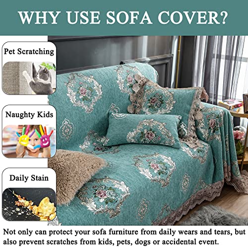 Dreamingo Paisley Green Couch Cover Luxury Jacquard Sofa Covers Furniture Couch Protector For Dogs, Chenille Loveseat Couch Covers Universal European For Living Room, Large-71X118In #TOP4