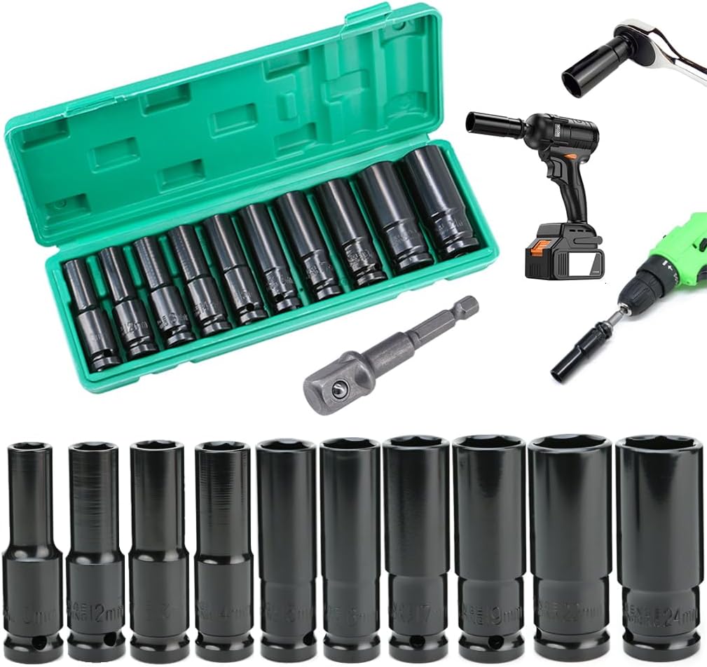 Deep Socket Set 1/2 inch 10 to 24mm, Extra Long Reach, 11 pcs Impact Driver Hex Bit Sockets, with 1/4 Hex Shank Adapter, Car Large Torque Wrench for Drill, Ratchet, Heavy Duty Spanner Tool