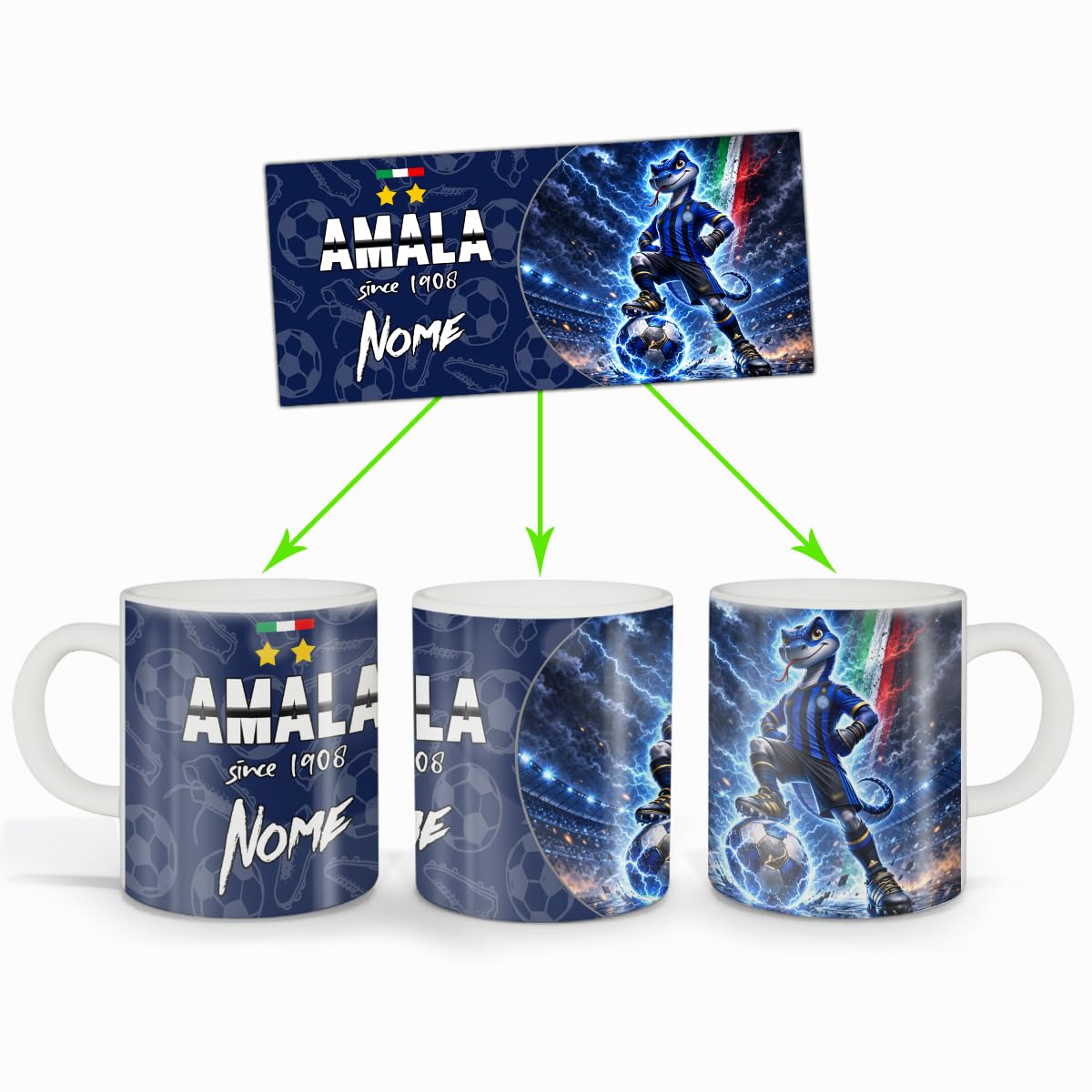 Tazza in Ceramica Tifoso Inter Nerazzurro con Mascot Serpente Calcio, Personalizzabile con Nome, Idea Regalo Uomo Donna, Gadget Sport Casa Ufficio Colazione