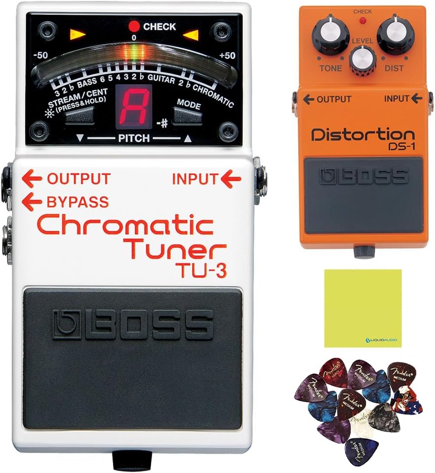Boss TU-3 Chromatic Tuner Pedal with Bypass Bundle with 12 Guitar Picks | High-Brightness Display, Drop Tuning Support, Legendary Distortion, Versatile Sound Shaping, Polishing Cloth Included