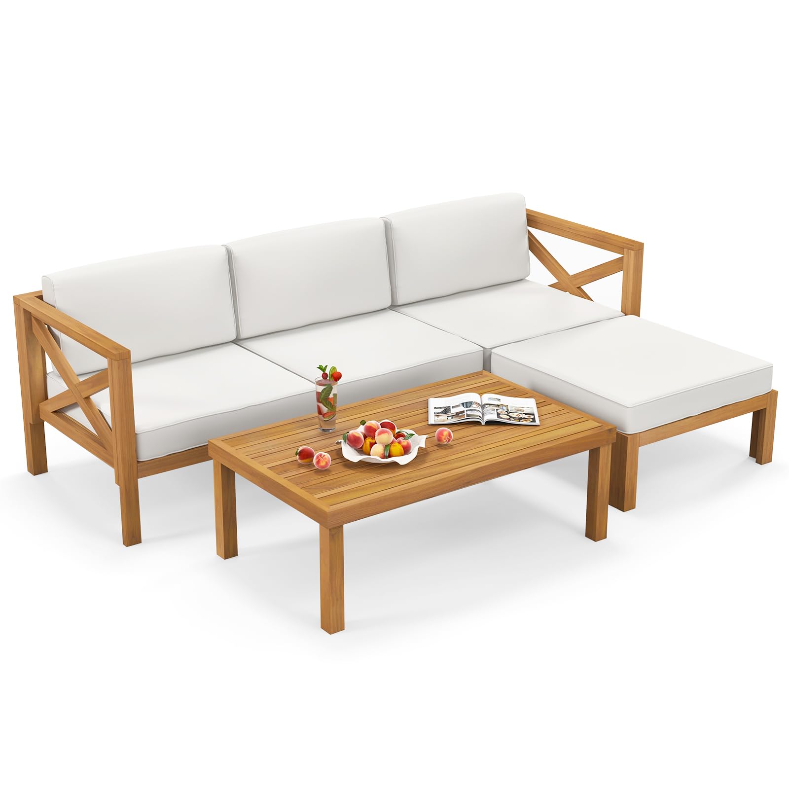Tangkula 5 Piece Outdoor Conversation Furniture Set, Acacia Wood Sectional Sofa Set with 3 Chairs, 1 Ottoman & 1 Coffee Table, Patio Cushioned Sofa