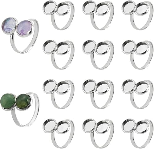 PH PandaHall 14 piezas de base en blanco para anillos de dedo, 0.669 in, ajuste de anillo de puño ajustable, base de cabujón de acero inoxidable