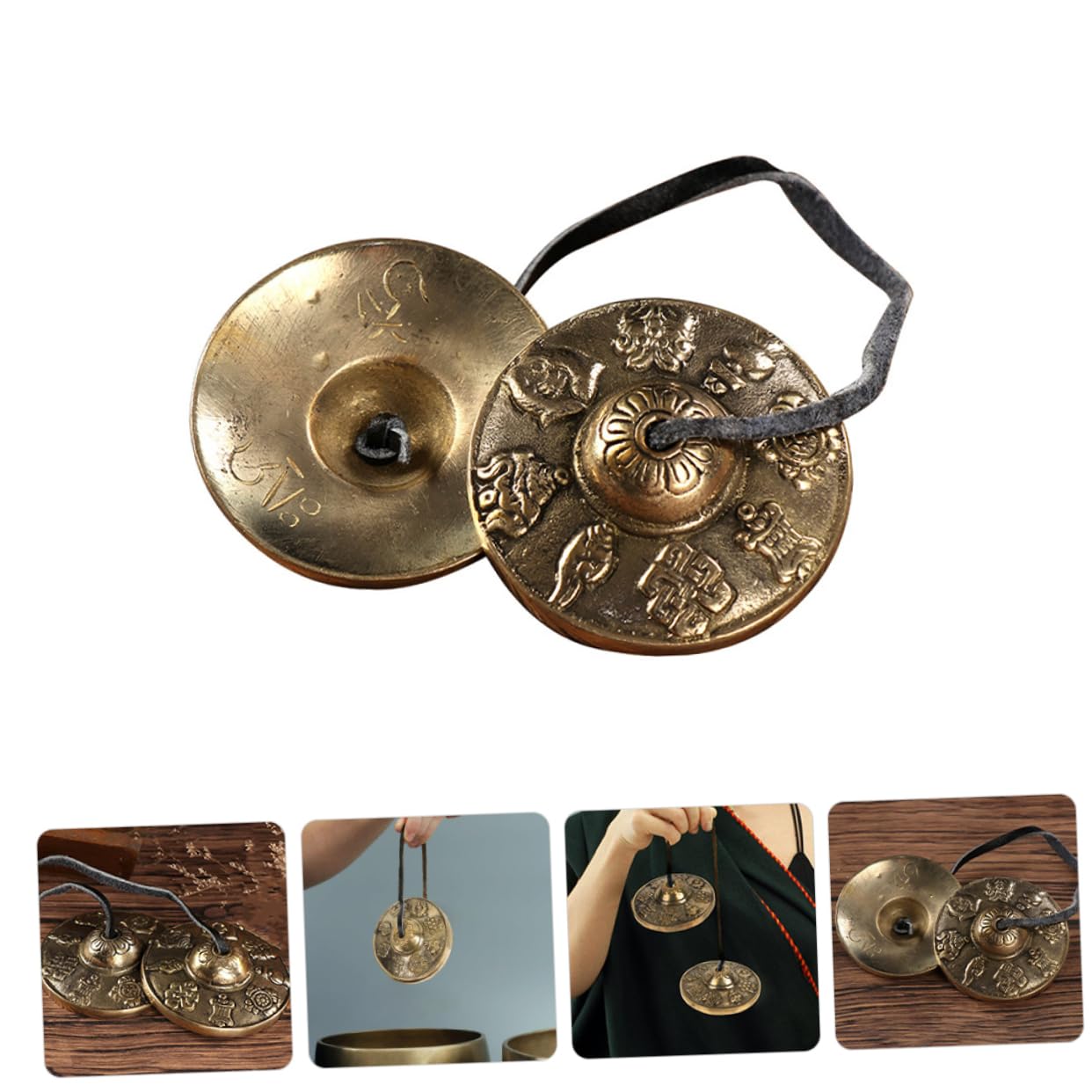 Cimbali in Rame Dorato per Meditazione e Rituali Motivi Vintage di Buon Auspicio, Strumenti Percussivi Etnici per Benedizione ed Esorcismo