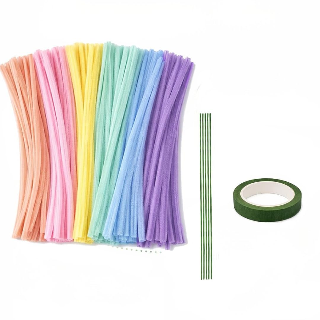 Brijsun Innovations DIY Pipe Cleaner Art Craft Kit for Bouquet Making – 100 Colorful Chenille Stems with 5 Green Wires & Floral Tape | Handmade Flower Kit for Kids & Adults | Art & Craft DIY Gift Set-image-4