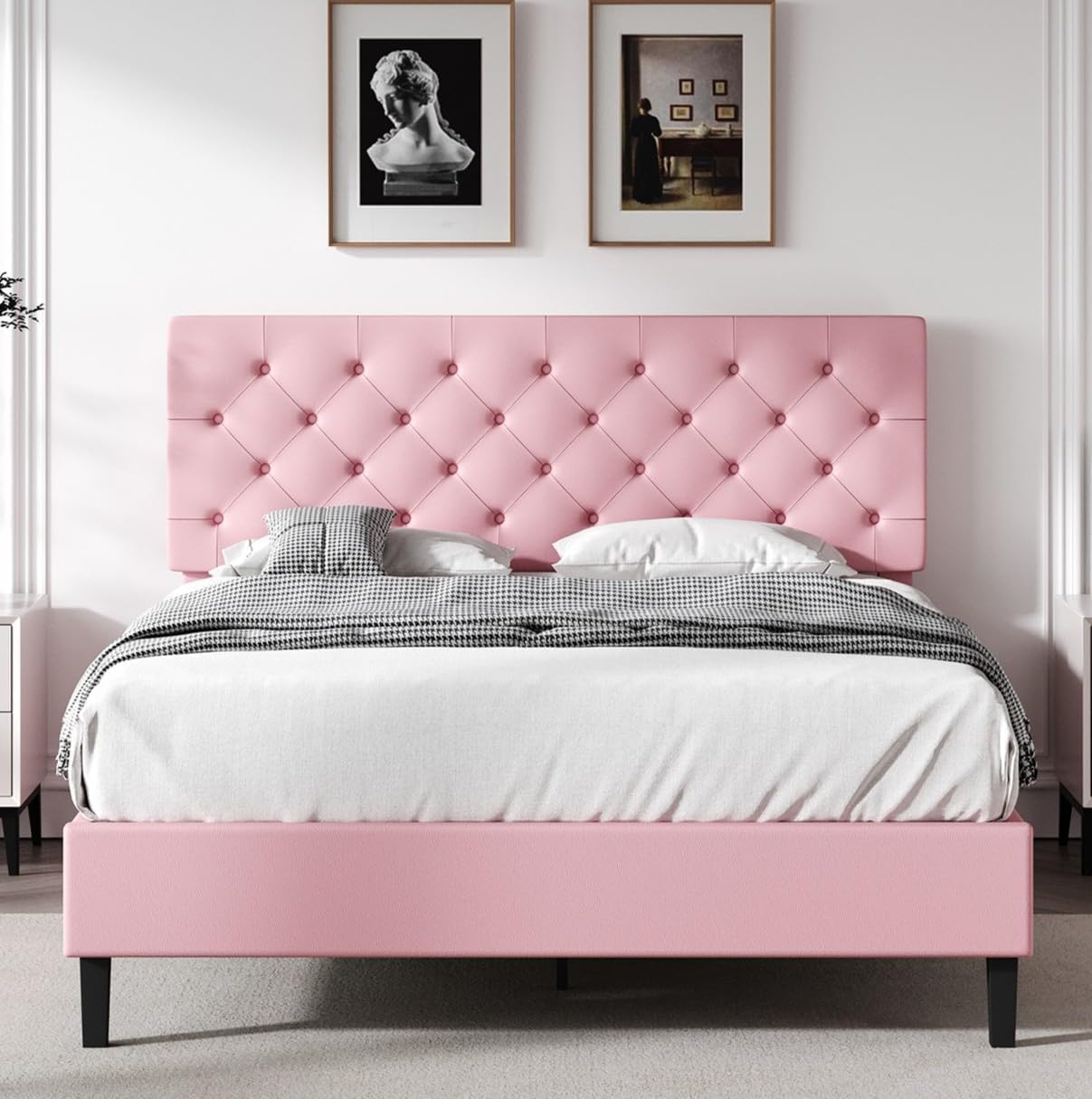 REVOMINCA Full Bed Frame with Headboard, Faux Leather Upholstered Platform Bed Frame, Pink Bed Frame Full Size, Wooden Slat Support, No Box Spring
