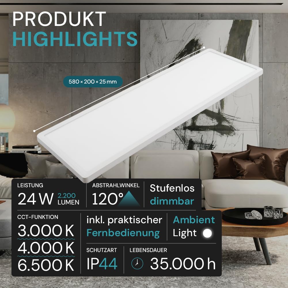 LUXULA 5er Pack LED Panel 58x20 cm Weiß, 24W 2200lm, IP44 Feuchtraum, LED Deckenleuchte dimmbar mit Fernbedienung, Deckenpanel dimmbar, Deckenleuchte flach rechteckig, Deckenlampe Badezimmer