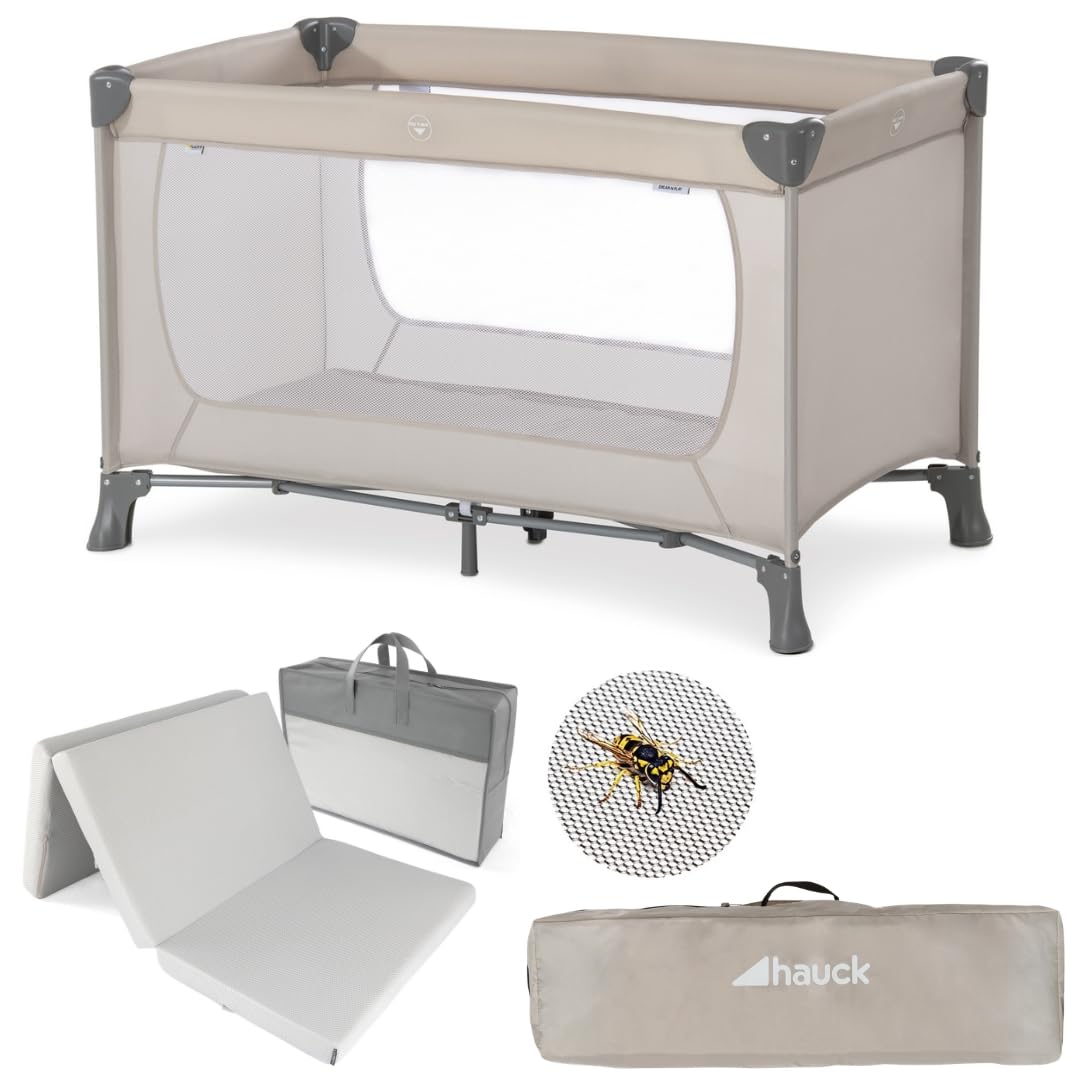 hauck Dream N Play Lit Parapluie Bébé avec Matelas et Moustiquaire - Beige | Lit voyage bébé pliable, compact et léger avec sac de transport I De la naissance à 15 kg, filets respirants