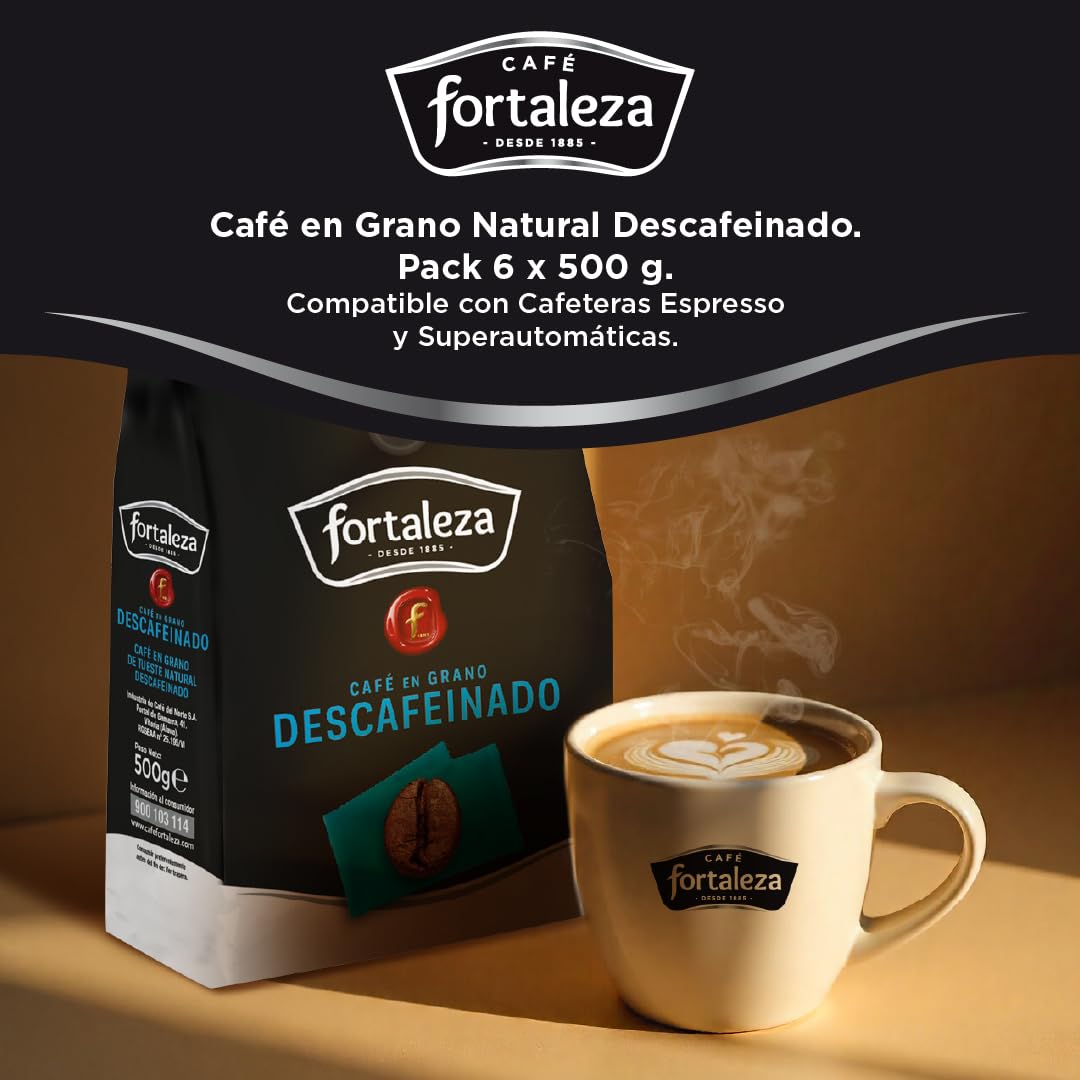 CAFÉ FORTALEZA Café en Grano Natural Descafeinado Pack 6x500g (3Kg) Compatible con Cafeteras Espresso y Superautomáticas - Café Grano Descafeinado Suave Con Variedad Arábica y Robusta