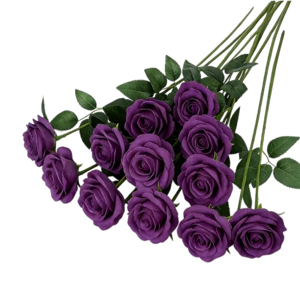 Waibejon 12 Pcs Artificial Purple Roses with Stems, Purple Fake Roses Artificials Flowers, Fake Artificial Purple Rose Silk Flowers, for Home Garden Party Hotel Wedding DIY