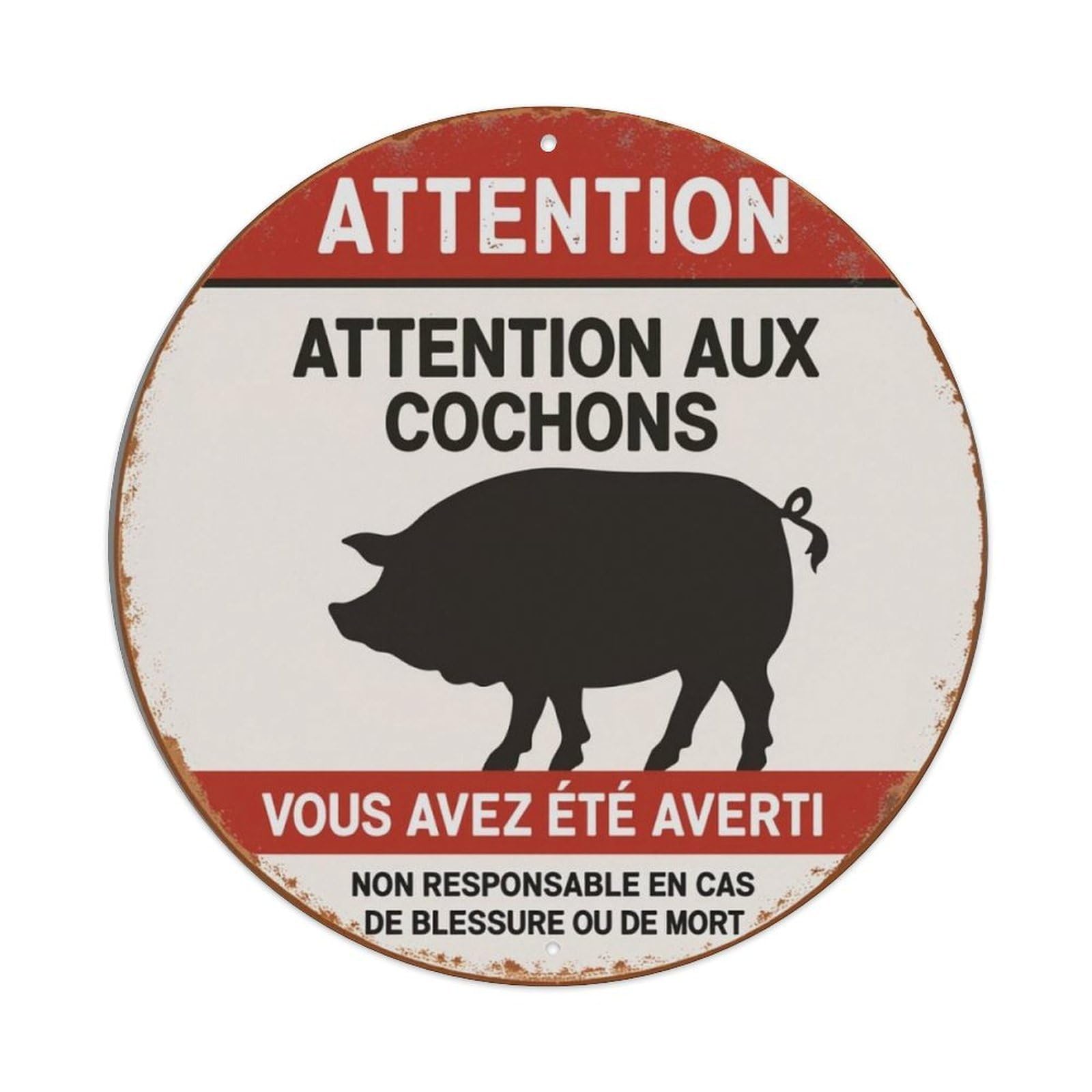French Attention Aux Cochons Farm Warning Vintage Round Sign Vintage Aluminium Metal Sign, Retro Wall Decor for Home, Bar, Garage & Farmhouse 20x20cm