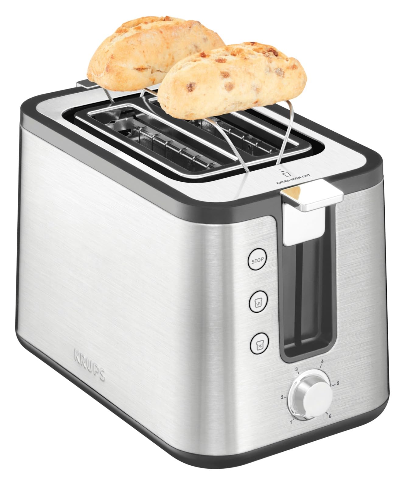 Krups KH442D Control Line Premium Toaster, Edelstahl, 2 kurze Schlitze für 2 Scheiben, Brötchenaufsatz, 6 Bräunungsgrade, 850 W, 23.6 x 32.4 x 20.2 cm, Silber/ Schwarz