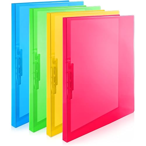 CRANBURY Punchless Clamp Binder (4-Pack, Assorted Colors), Ringless Binder Holds 100 Letter Size Pages, Documents, 8.5x11 Folder with Metal Clip for Home or Office, Transparent Acid-Free Poly