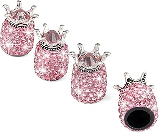 CGEAMDY 4 PCS Tapones Valvula Coche, Corona Tapones De Válvula para Coche, Tapas Válvula Neumático ABS, con Diamantes De Imitación Brillantes, para Las Rueda del Coche, Moto, Bicicleta (Rosa)