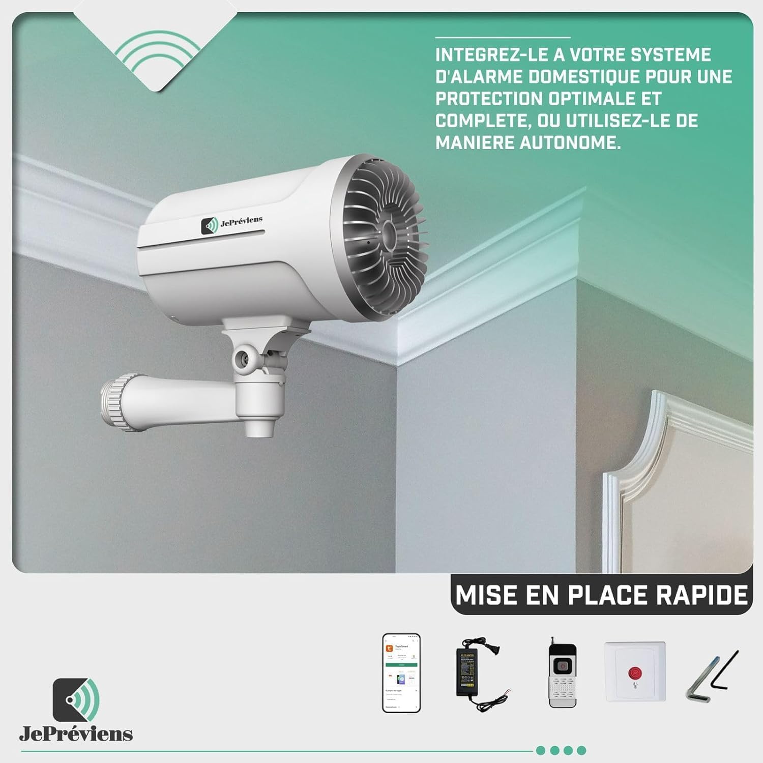 Brouillard Anti-Cambriolage JePréviens avec Détecteur de Mouvement, Système Anti-Intrusion sans abonnement, Compatible SmartLife/Tuya, Couvre jusqu'à 100 m³