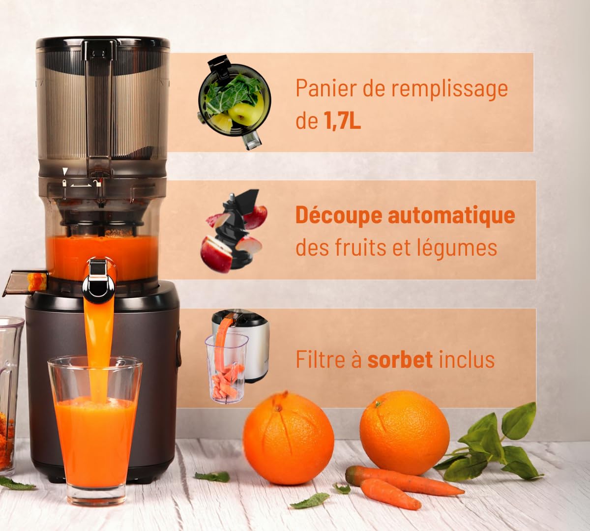 Kuvings | Extractor de jugo manos libres AUTO6 | Corte automático de frutas y verduras enteras | Cesta de 1,7 L | Limpieza fácil | Azul marino