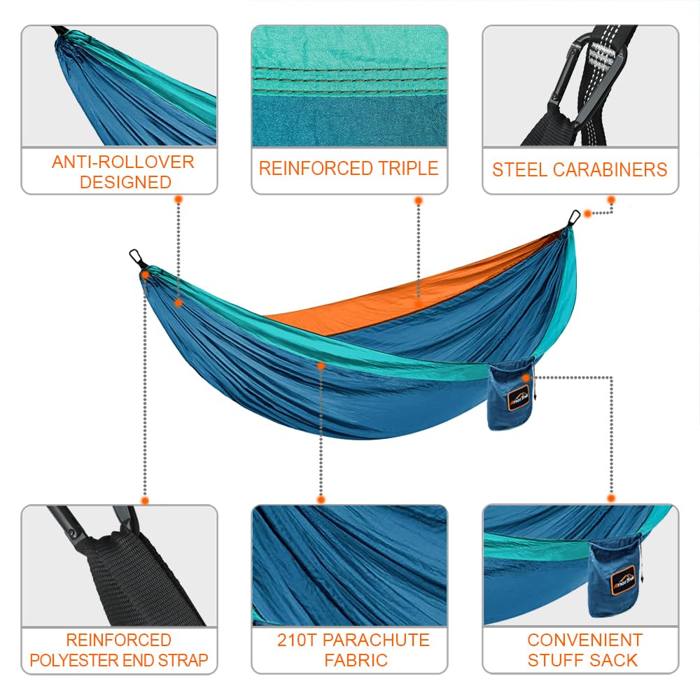 Anortrek Hamak outdoorowy, 2-osobowy, 300 x 200 cm, nośność 250 kg, ultralekki, akcesoria kempingowe z paskami na drzewo, oddychający nylonowy hamak podróżny do wędrówek i ogrodu