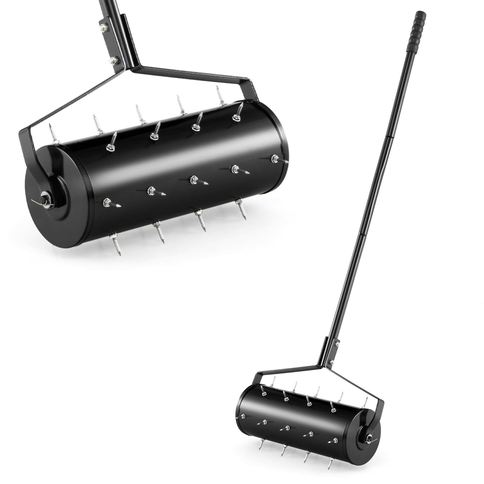 TANGZON 45cm/53cm Lawn Aerator, Heavy-Duty Rolling Spreader Lawn Care Tool with 130cm Metal Handle, Fillable Drum, Manual Aerator Gardening Roller for Garden Grass Patio Yard (Black,45x14x130cm) — image 1