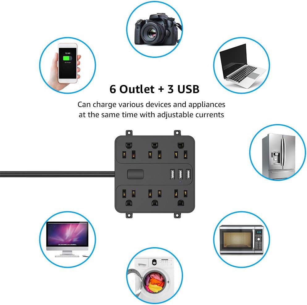 Power Strip with USB, ICEELEC 6 Outlets and 3 USB Ports 6 Feet Long Cord Heavy Duty Wall Moun Power Strip, Mountable Under The Desk Table, Workbench, Nightstand, Dresser, Home, Office, Hotel (Black)