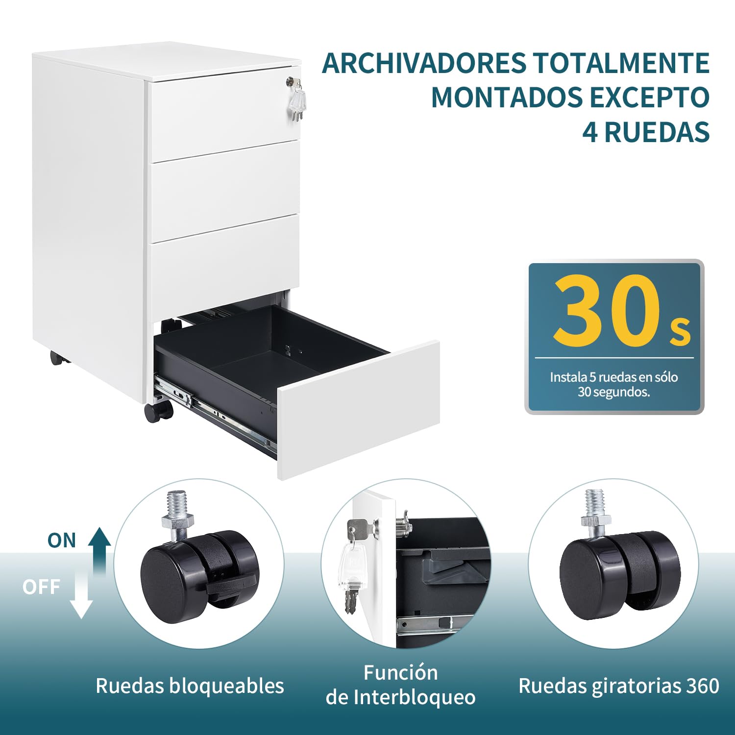 Archivador Móvil de 4 Cajones, Cajonera con Cerradura, Archivador Dbajo del Escritorio Para Oficina, Completamente Ensamblado, Con 4 llaves