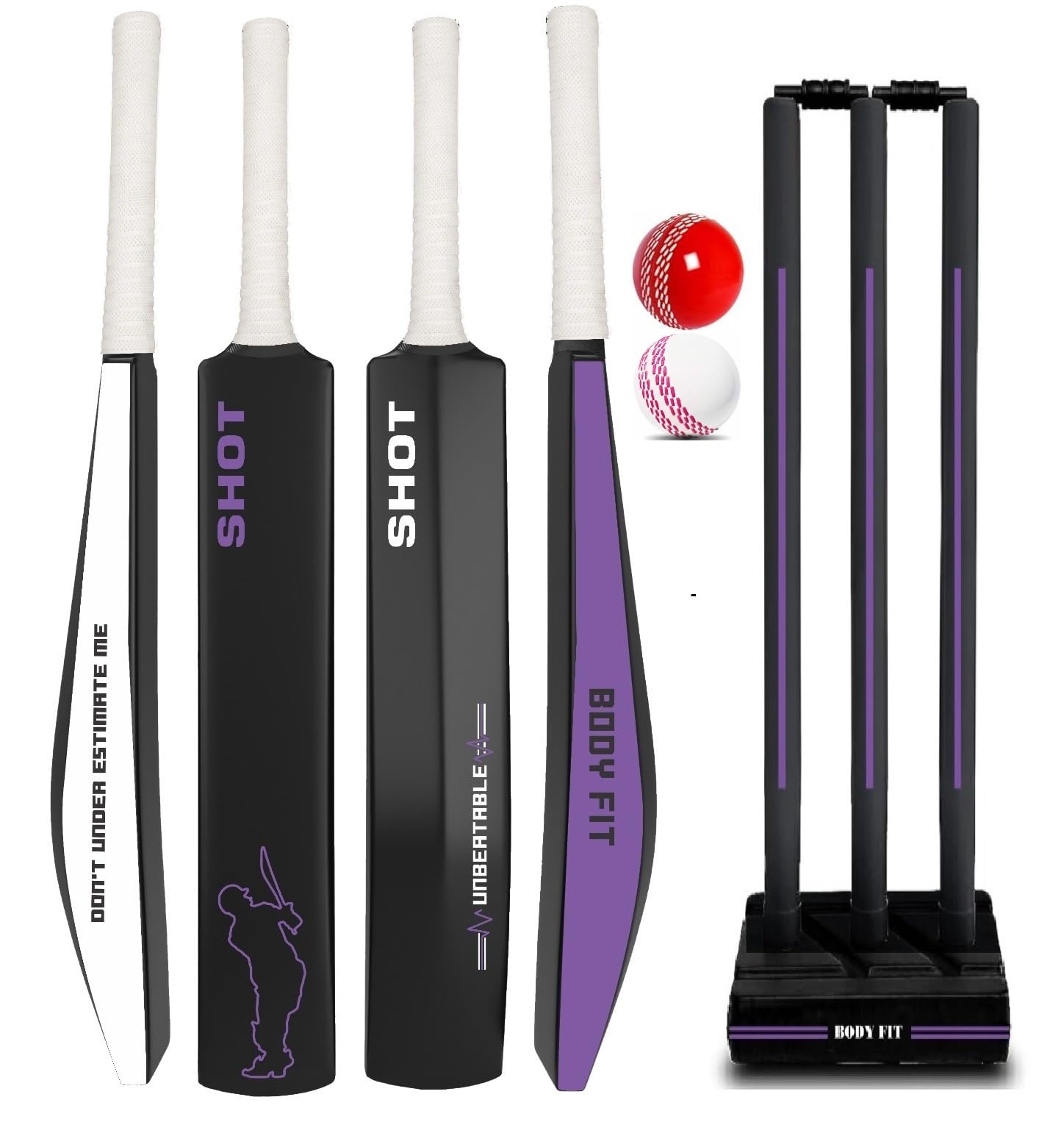 Bodyfit Heavy Duty Plastic Premium Cricket Kit Set | Lightweight| Full Size| | Hard Plastic Bat| Premium Cricket Wicket Set l 3 Stumps+2 Bails+1 Stand Set, 2 Balls, Ultimate Style,Shot Purple. | Complete Cricket Set, Plastic Stumps Included, Dual Ball-picture-25