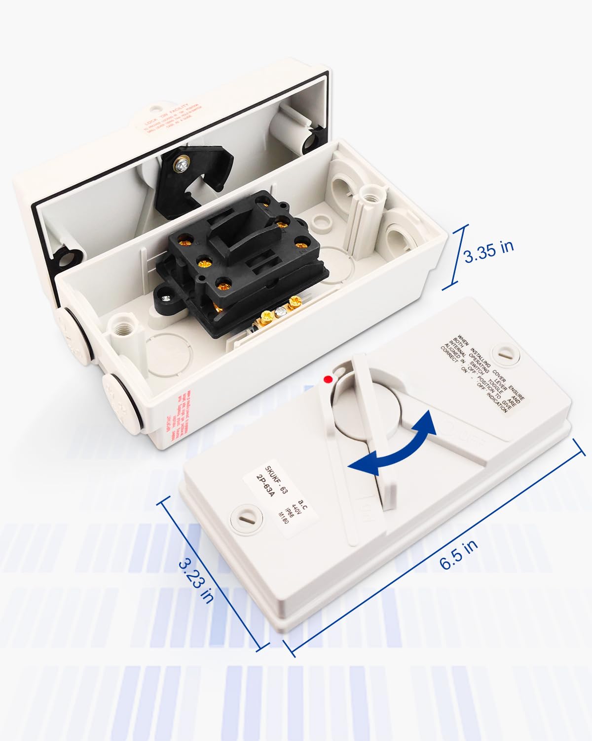 Universal Disconnect Switch 2 Phase 63A 440VAC, Also for 60 Amp Disconnect Breaker Box, Safety Switch Outdoor IP66 Waterproof