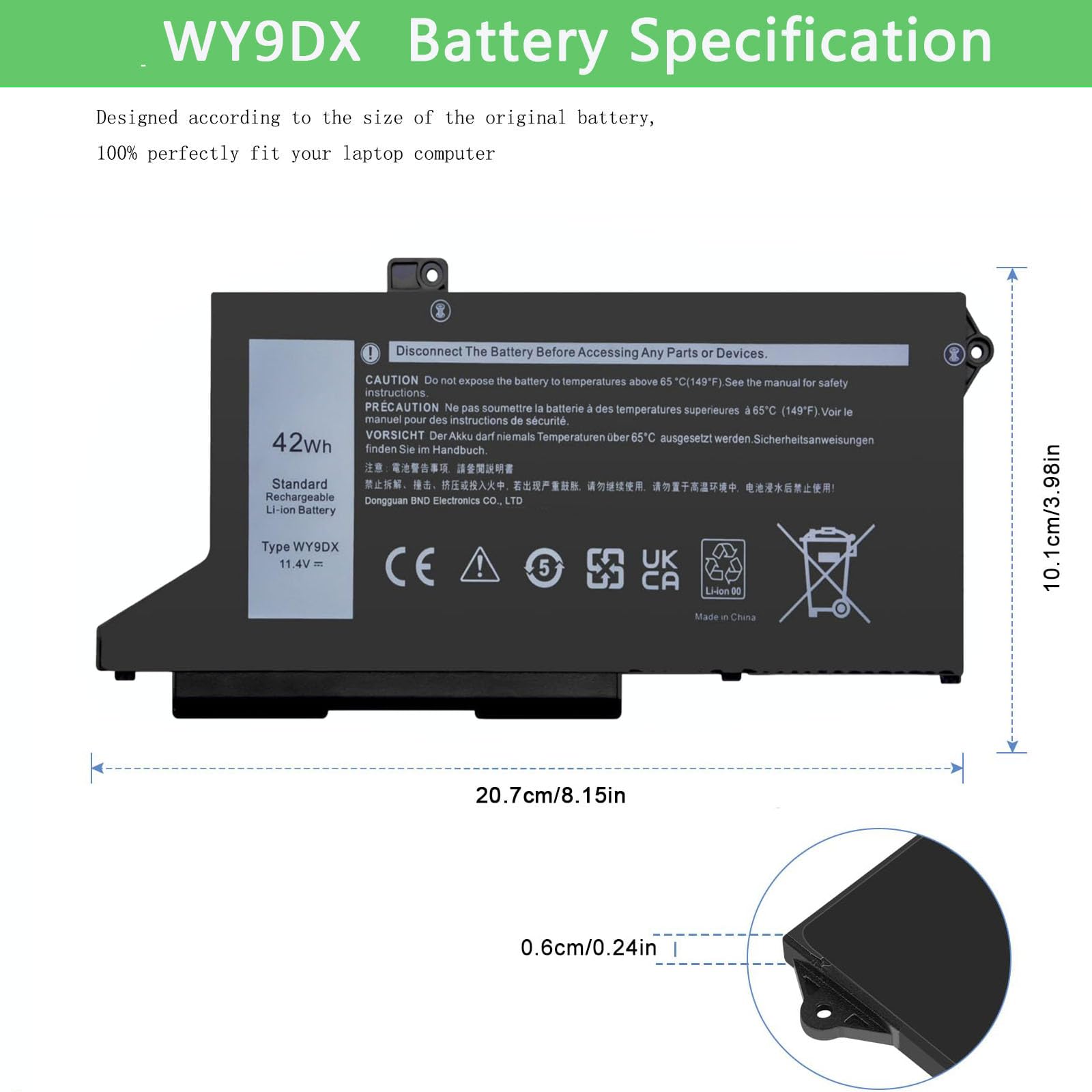 WY9DX - Batteria compatibile con Dell Latitude 14 5420 15 5520 Precision 15 3560 P137G P137G001 P104F P104F001 Series Laptop RJ40G 01K2CF 075X16 0WK3F1 0M3K3K1 CN 005R; 42 11,4 V 42 Wh