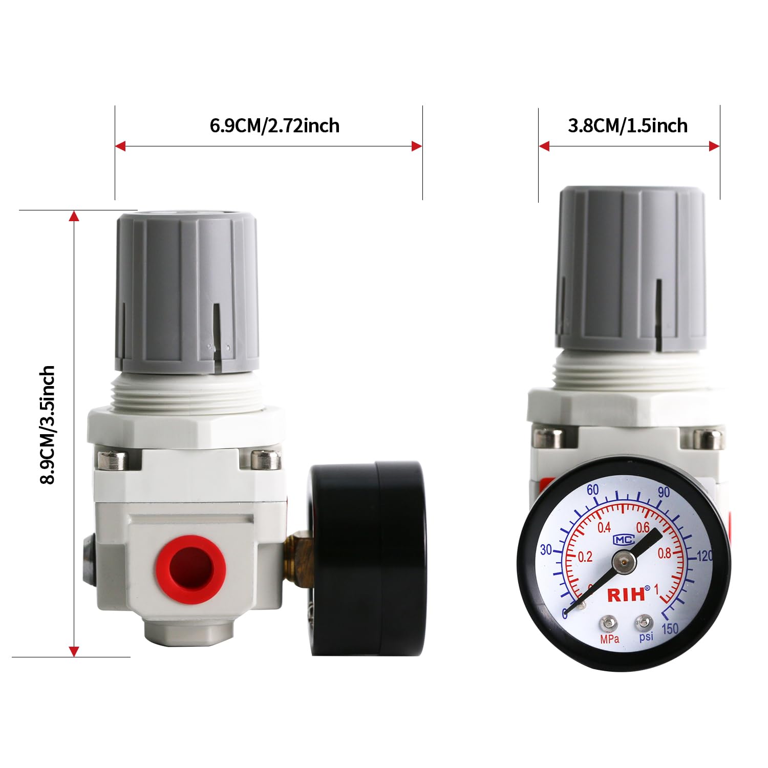 RIH 0,6 cm NPT Luftdruckregler – Luftregler für Kompressor, Luftregler mit Manometer 0-150 PSI, AR2000-02