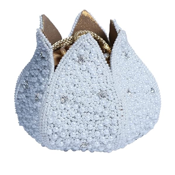 SWISNI Women's Pearl White Lotus Potli Bag | Raw Silk | Best for gifting on and Christmas | Bridal Ethnic Potli Bag for party wedding special occasions 55 Inch - Image 4