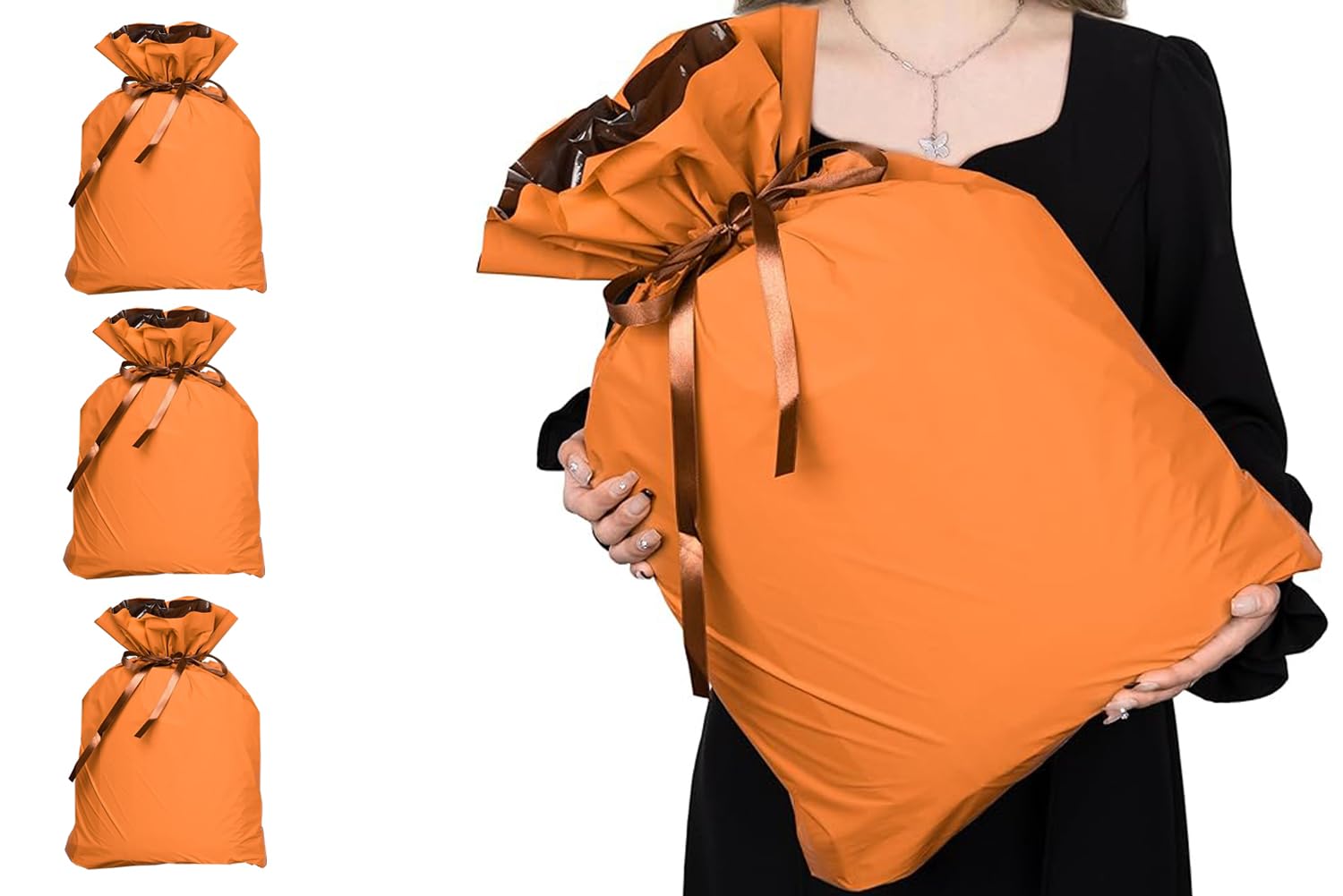 ラッピング袋 大きい 【3枚セット】 W450×H560 mm プレゼント 大 バイカラー 巾着袋 ギフトラッピング 贈り物 プレゼント用 包装 バレンタイン 誕生日 ギフト ギフトバッグ ギフト袋 ラッピング用品 リボン付 クリスマス ハロウィン (オレンジ色)