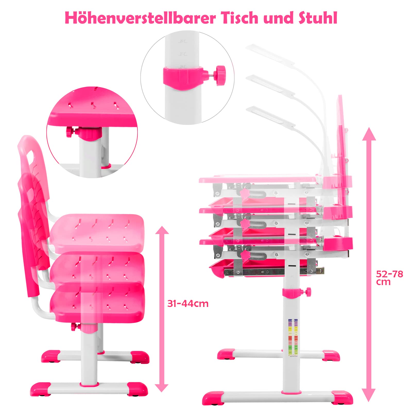 DREAMADE Kinderschreibtisch höhenverstellbar, Schülerschreibtisch neigungsverstellbar, Jugendschreibtisch mit LED-Lampe und Bücherständer, Schreibtisch Set für Kinder mit Stuhl und Schublade (Rosa)