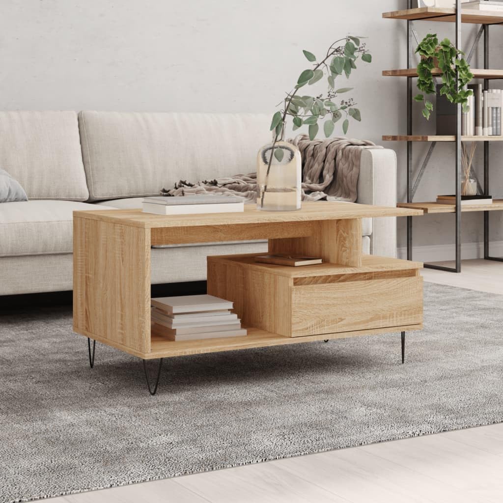 AUVYI Mesa de centro con cajón de roble Sonoma, 90 x 49 x 45 cm, material de madera y metal, mesa de salón con cajones, mesa auxiliar, mesa de sofá, aparador de madera
