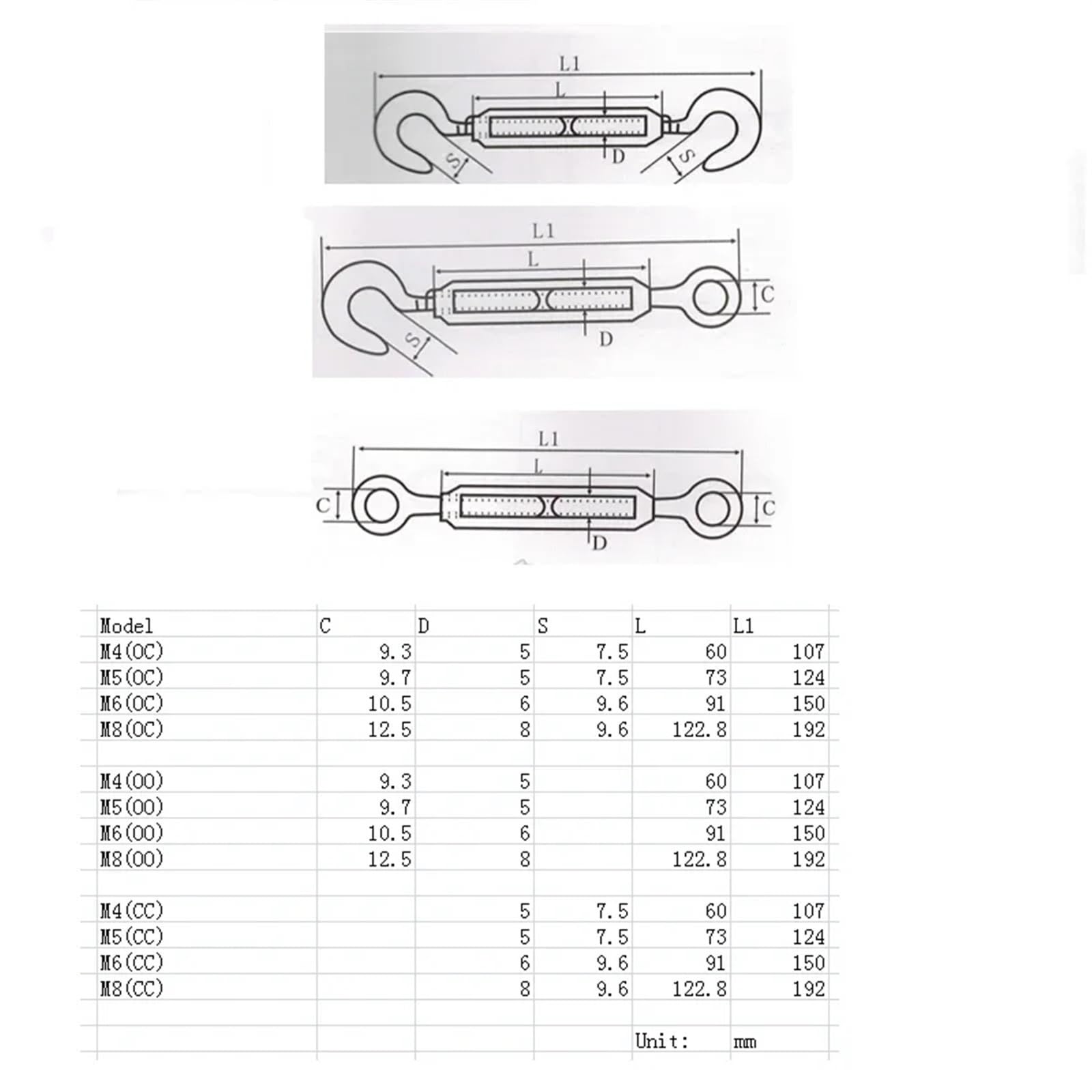 SDGBCXD， 1 pièce M4/M5/M6/M8 tendeur boulon crochet gréement œil vis câble métallique tendeur tendeur connecteur serré,Tendeur(O to O,M5)