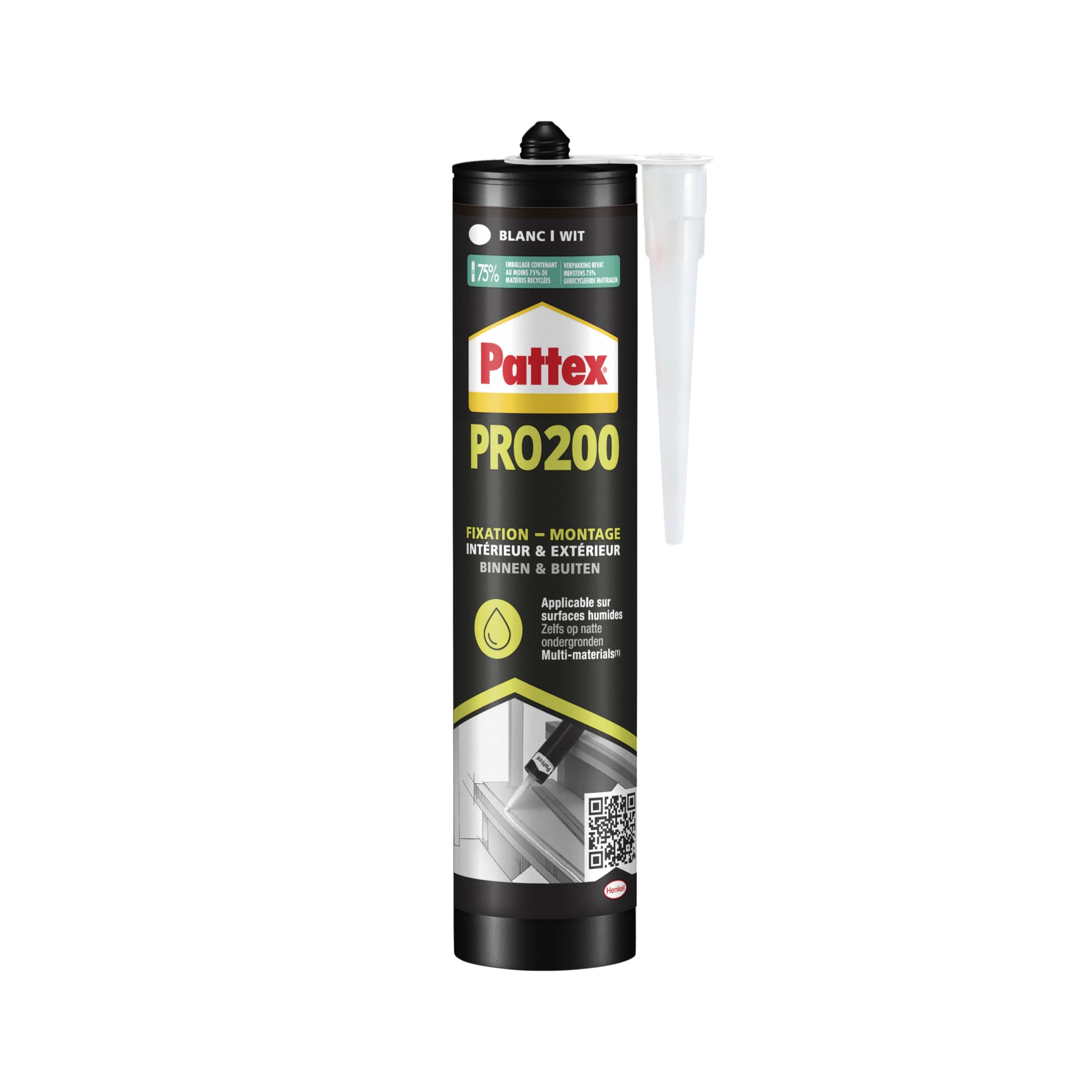 PATTEX Colle Fixation PRO200, mastic de fixation polymère à très fort maintien immédiat, intérieur et extérieur, coloris blanc , cartouche 480 g