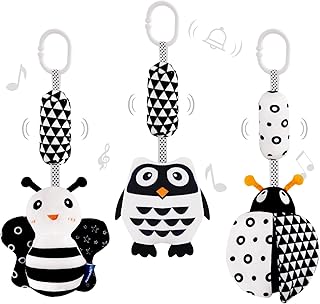 AIPINQI 3 Pack Hanging Rattle Toys,High Contrast Baby Toys and Plush Stroller Toys for Babies 0-18 Months,Newborn Car Seat Toys with Black and White Cartoon Shapes,(Ladybug,Bee & Owl)