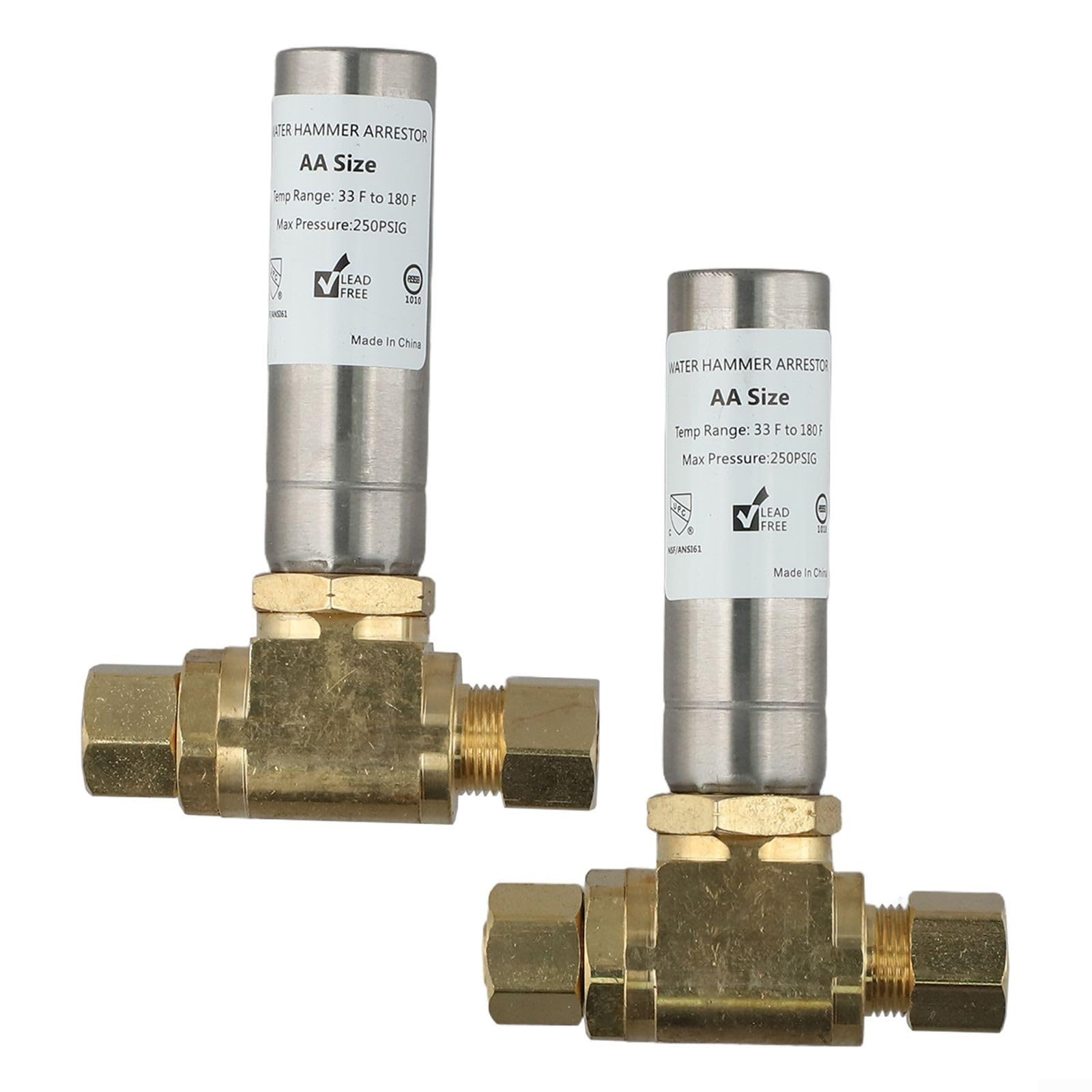 2er-Pack Wasserschlag-Absperrer, 3/8 Zoll, Messingrohrverschraubung für Waschbecken-Waschmaschine, Geräuschreduzierung, UPC NSF-zertifiziert, horizontale vertikale Installation