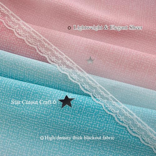 Image of indistar Dreamy Star Cutout Blackout Curtains with White Sheer,Double Layer Curtains for Girls Bedroom, Hollow Out Drapes for Nursery (2 Panel,52Wx63L,Purple Pink Green)