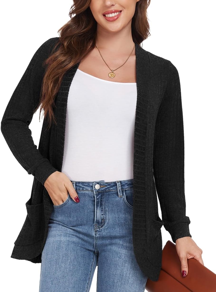 GRECERELLE Womens Long Sleeve Open Front Cardigan Casual V-Neck Curved Hem Ribbed Knit Sweater Outerwear with Pockets - Image 5
