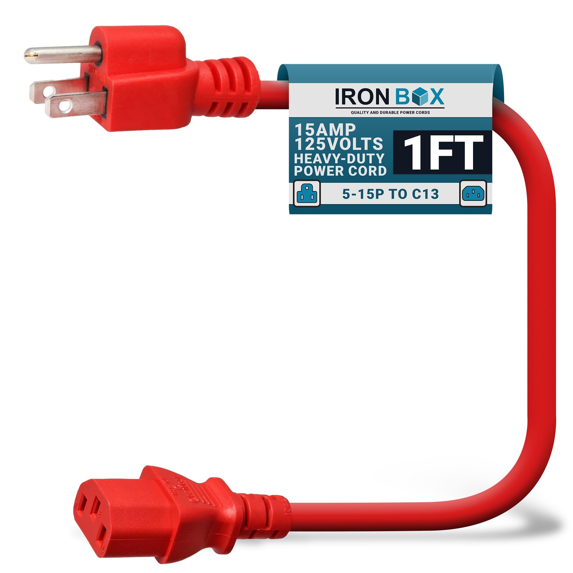 IronBox Electric - Heavy-Duty 5-15P to C13 Power Cord - 3 Prong 15A 125V 14/3 SJT PC Cable - Cord for Computer, Monitor, Subwoofer, Amplifier - Cable for Power Supply - (Red 1 Foot)