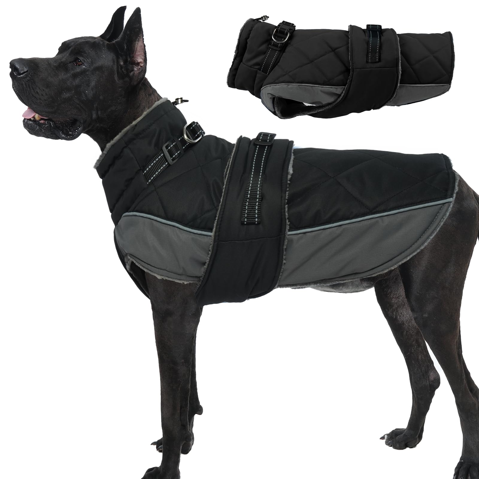 Hundemantel, Hunde Wintermantel mit Reflektierenden Streifen Geschirr Faltbarer Fleece Ausschnitt, Wasserbeständig Hundemantel für Große Hunde, Deutsche Dogge, Schwarz, 3XL