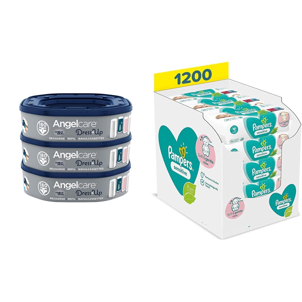 Angelcare Dress Up Octagon-Nachfüllpackung, für Becken, Menge frei wählbar 3 Stücke & Pampers Sensitive Baby Feuchttücher, 1200 Tücher (15 x 80) ohne Duft, für eine sanfte und weiche Reinigung