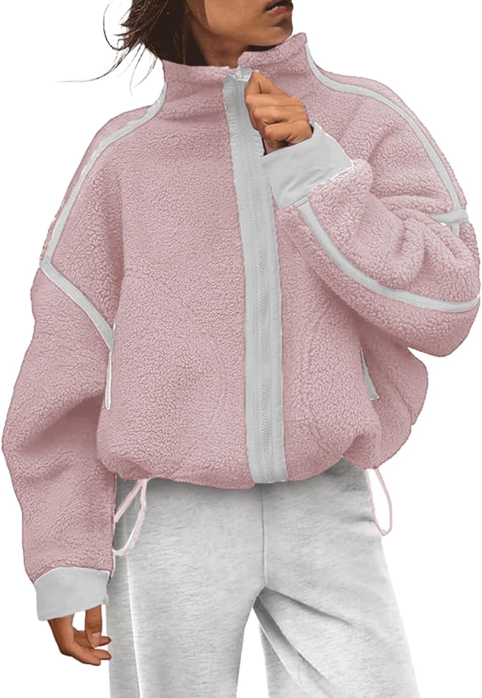 Haellun Fleece Jacket Women Cropped Sweatshirt Winter Warm Zip Sherpa Fuzzy Jacket Coat with Pockets